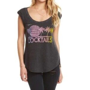 NWT CHASER Cocktails Sunset Palm Tree Dark Gray Rolled Sleeve Tank Top Size M